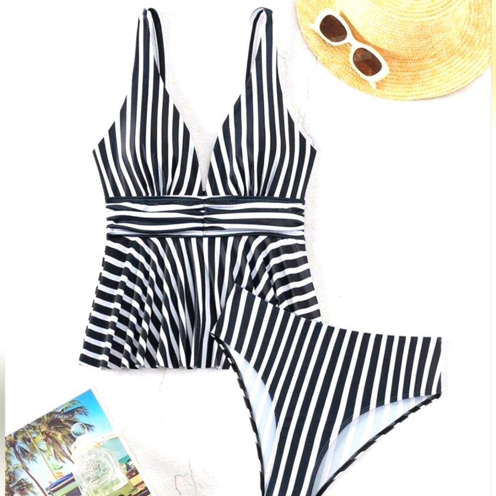 Tankini Stripe Bathing Suit Swim Suit Black & White Travel Beach Wear Outdoor - Picture 2 of 5